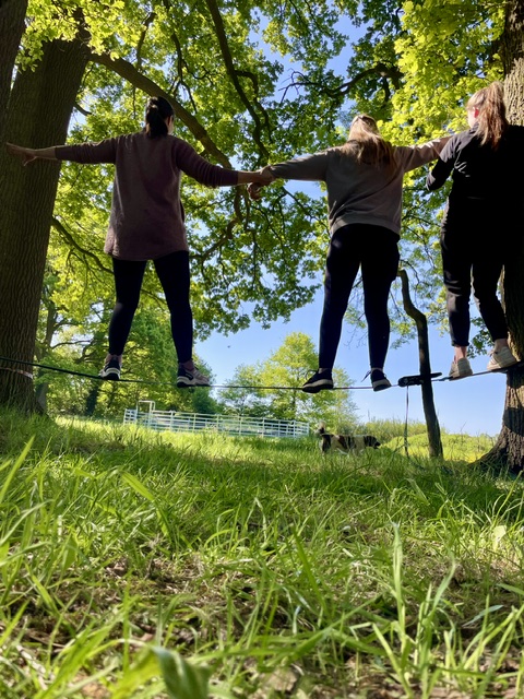 Teamtraining: Gruppe balanciert Hand in Hand auf der Slackline – Auf und Abenteuer